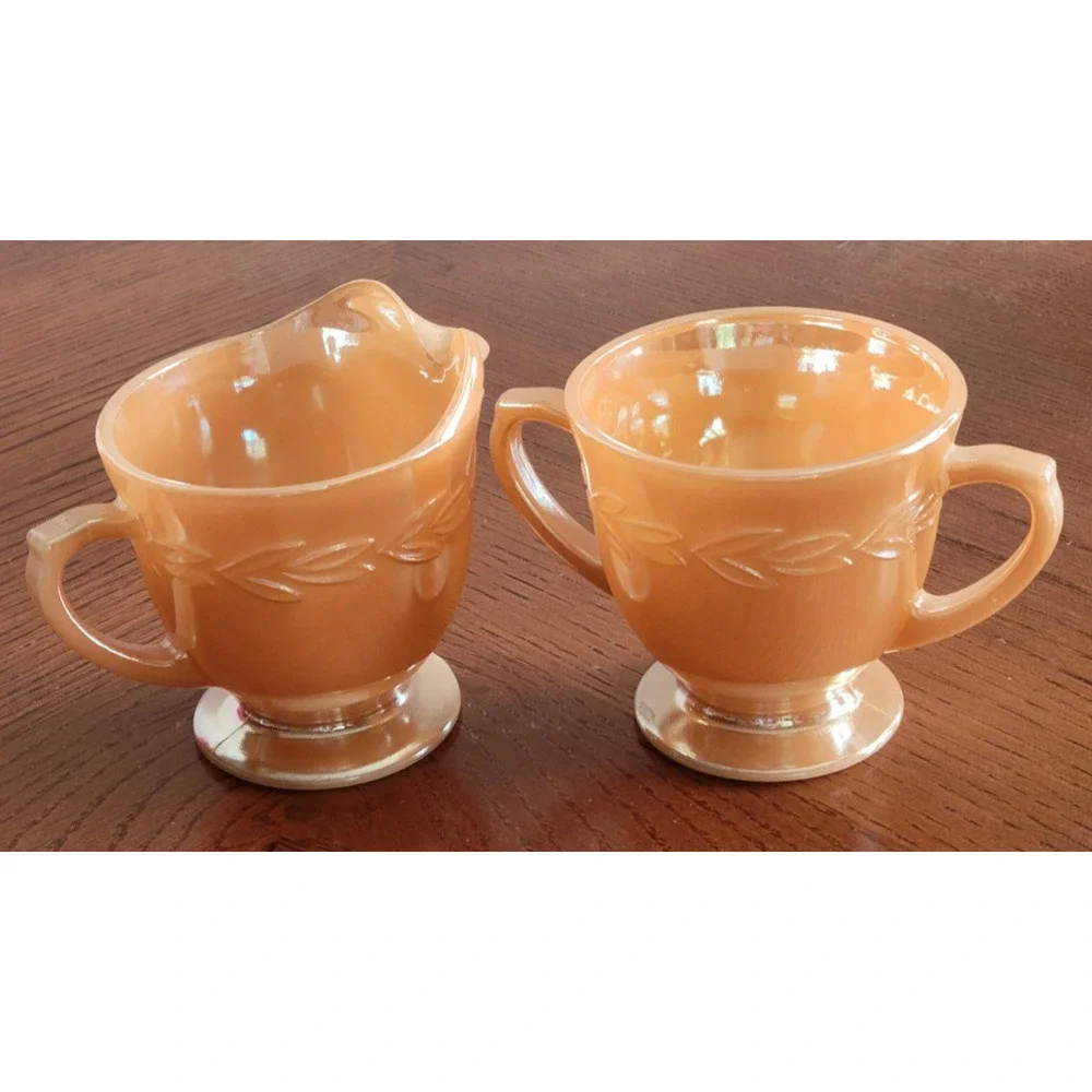 Vintage Cream & Sugar Set Fire King Peach Luster Laurel‎ Ovenware Anchor Hocking